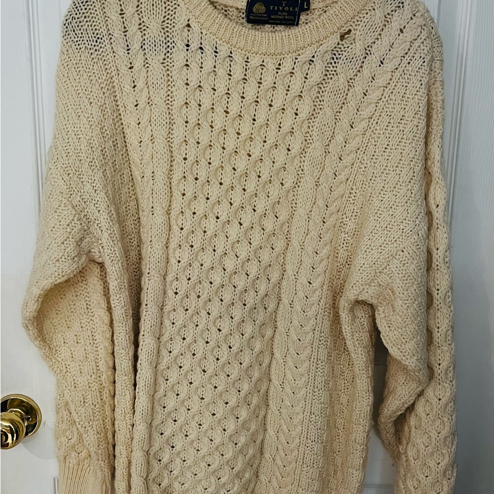 Tivoli Irish Knit Cream Crewneck Cable Knit Sweater. Unisex